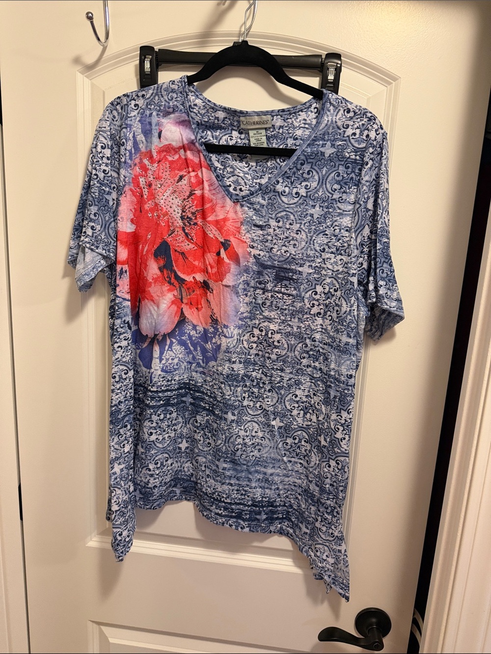 Catherines Blue Patterned Short Sleeve Top with Red Floral Accent
